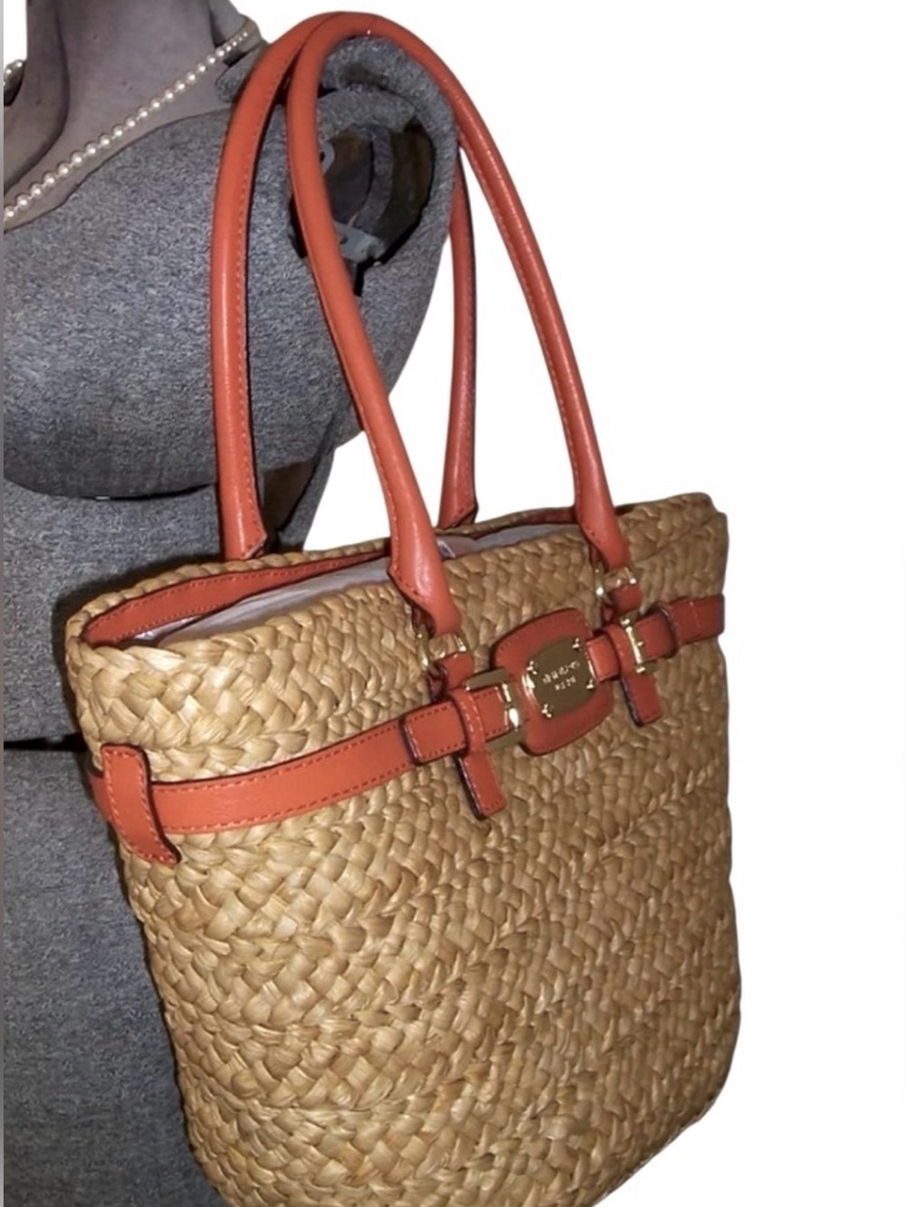 Auth NEW Michael Kors straw wicker Raffia Reed straw Tote Bag burnt Orange Tan - Picture 13 of 13